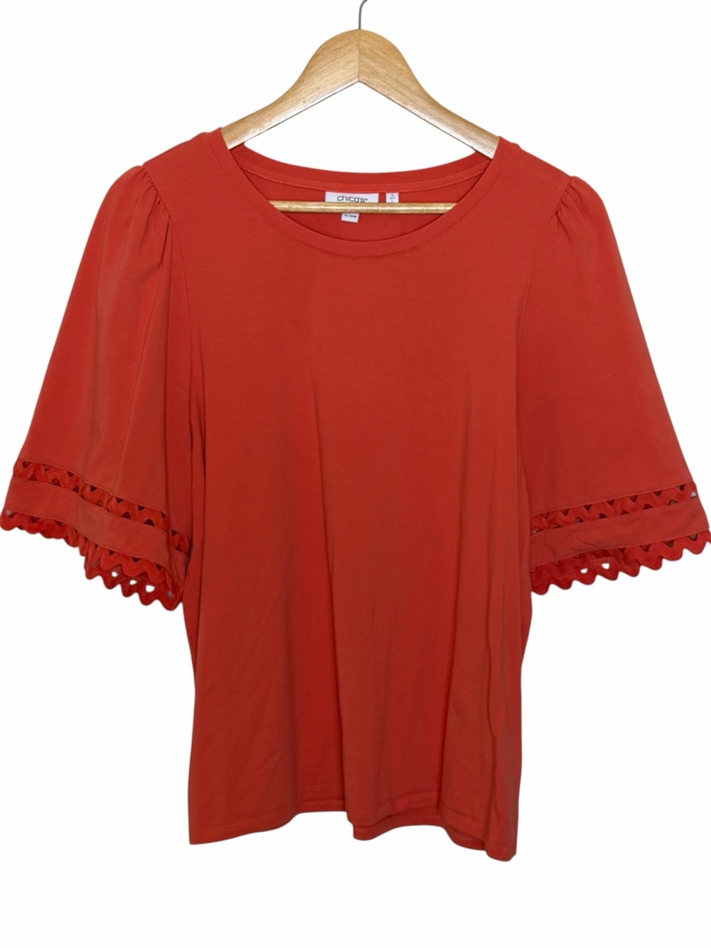Chico's Women's coral orange Crochet-Trim Puff Sleeve Top size large